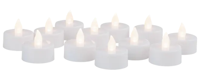 Sæt med 12 hvide LED fyrfadslys med realistisk flammeeffekt, batteridrevne, flammefri og sikre til indendørs brug, perfekte til dekoration eller hyggelig stemning.