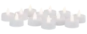Sæt med 12 hvide LED fyrfadslys med realistisk flammeeffekt, batteridrevne, flammefri og sikre til indendørs brug, perfekte til dekoration eller hyggelig stemning.