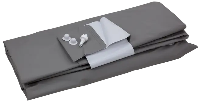 Vikt grå pool-liner med vit insida, inkluderar reparationslapp och tre vita ventilkopplingar. Passar ovanmarkspooler, tillverkad av slitstarkt, vattentätt material.