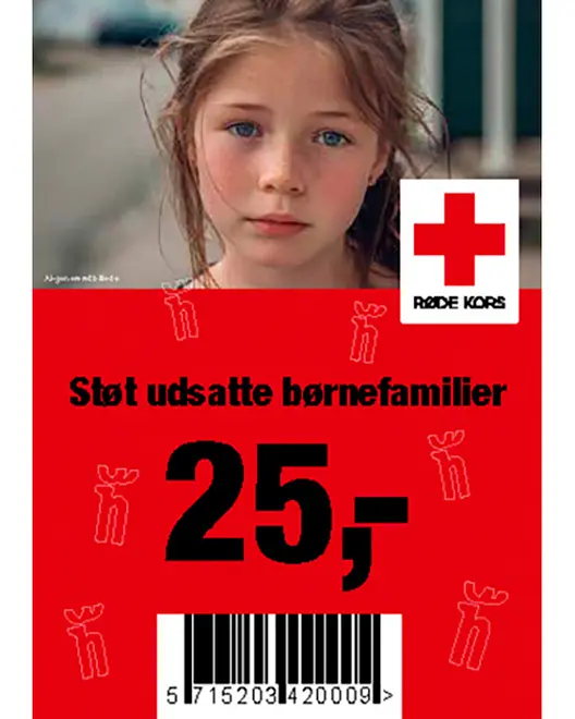 Røde Kors donationskort med portræt af barn, rød baggrund, stor pris 25 kr., stregkode og tekst om støtte til udsatte børnefamilier.