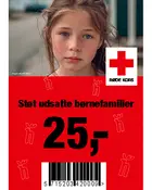 Røde Kors donationskort med portræt af barn, rød baggrund, stor pris 25 kr., stregkode og tekst om støtte til udsatte børnefamilier.