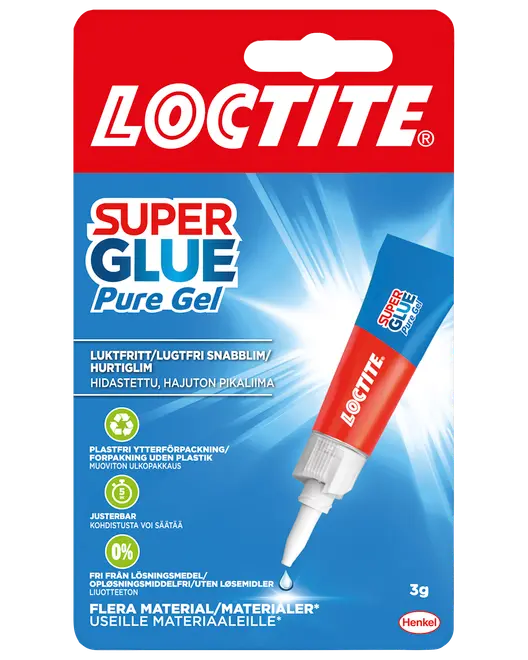 Loctite Super Glue Pure Gel, 3g tube, lugtfri, uden opløsningsmidler, præcis applikatorspids, egnet til flere materialer, hurtig limning, blå og rød emballage med hvid tekst.