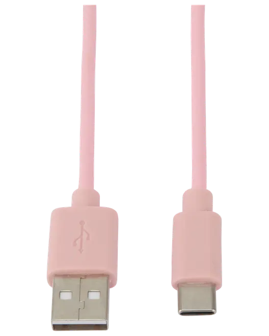 Lyserød USB-A til USB-C kabel, standardlængde, holdbare plastikstik. Velegnet til opladning og dataoverførsel. Elegant, moderne design med mat finish.
