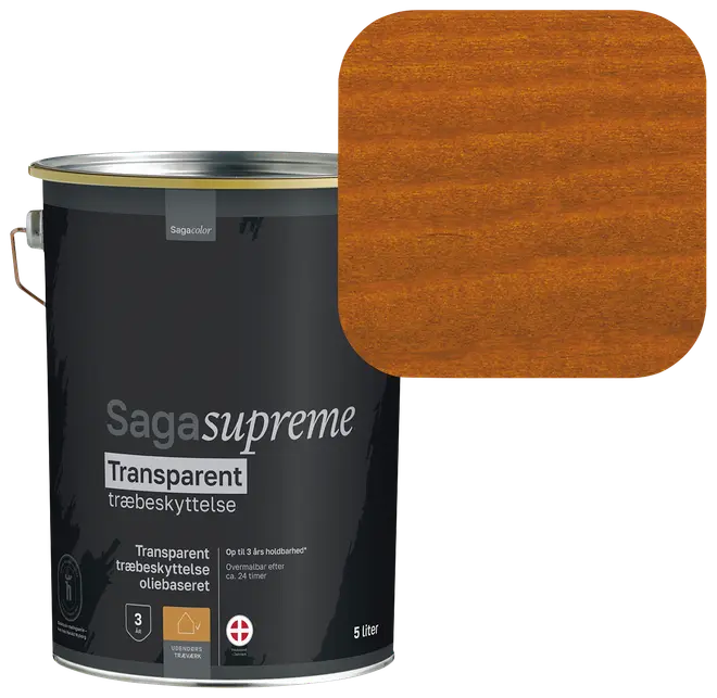 5-liters spand Saga Supreme transparent træbeskyttelse, oliebaseret. Farveprøven viser en varm, mellembrun nuance med synlig træstruktur.
