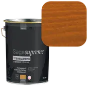 5-liters spand Saga Supreme transparent træbeskyttelse, oliebaseret. Farveprøven viser en varm, mellembrun nuance med synlig træstruktur.
