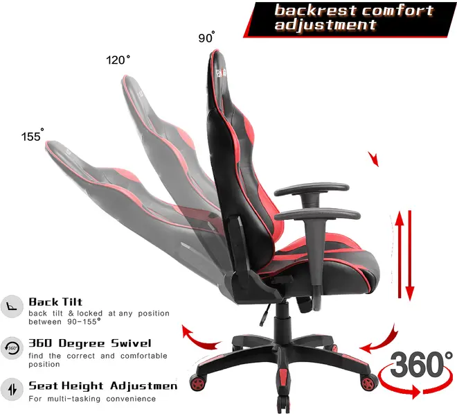 Ergonomisk gamingstol med justerbart ryggstöd (90°-155°), 360 graders rotation, justerbar sitthöjd, vadderade armstöd och svart-röd design. För komfort och multitasking.