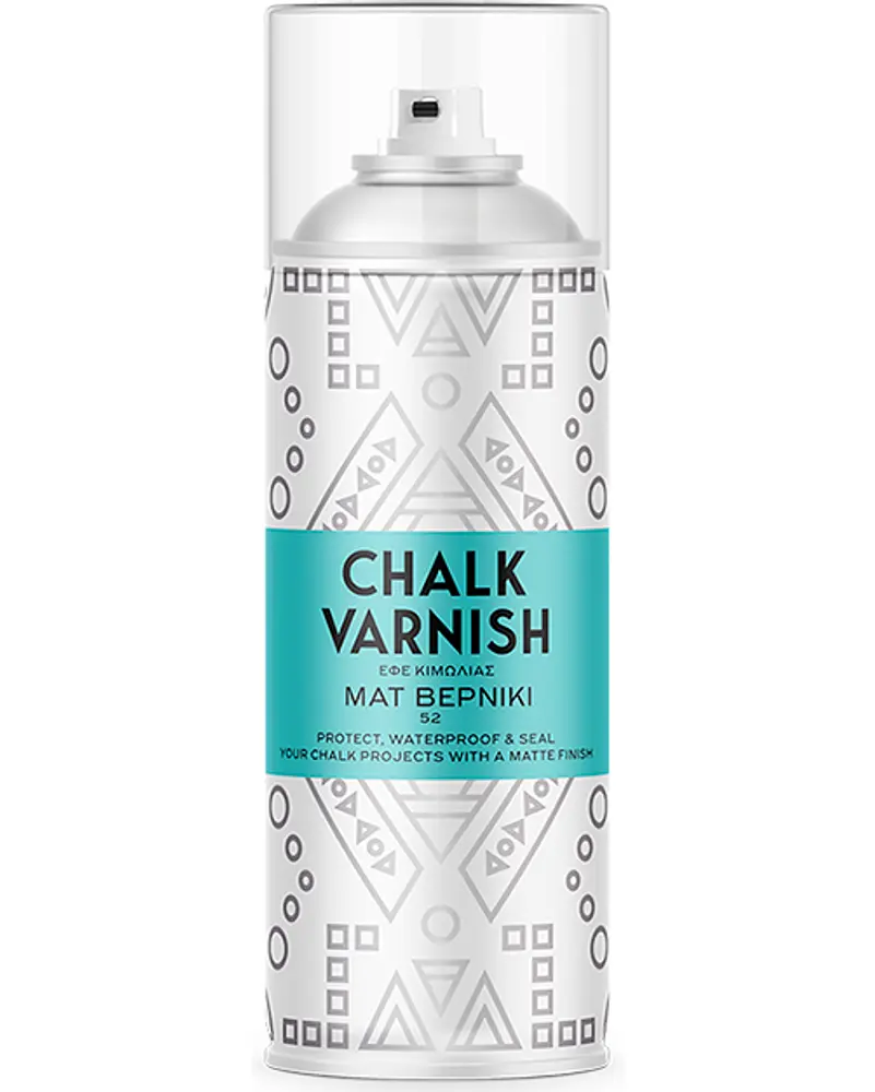 Mat finish kridt lak spraydåse, 52, med geometrisk mønstret etiket og turkis bånd. Beskytter, vandtæt og forsegler kridtprojekter. Klar plastlåg, nem spraydyse.