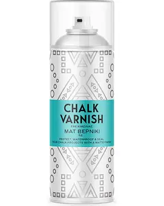 Mat finish kridt lak spraydåse, 52, med geometrisk mønstret etiket og turkis bånd. Beskytter, vandtæt og forsegler kridtprojekter. Klar plastlåg, nem spraydyse.