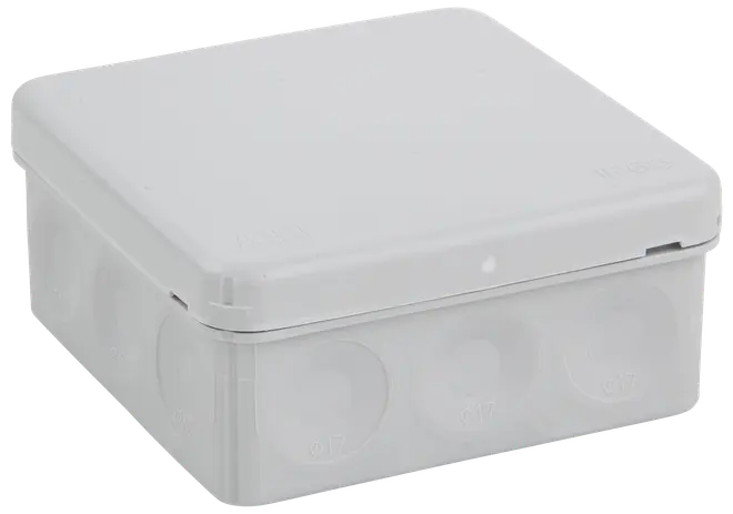 Firkantet hvid plast el-forgreningsdåse med aftageligt låg og flere runde udslagsåbninger på siderne til kabelindføring. Velegnet til indendørs elinstallationer.