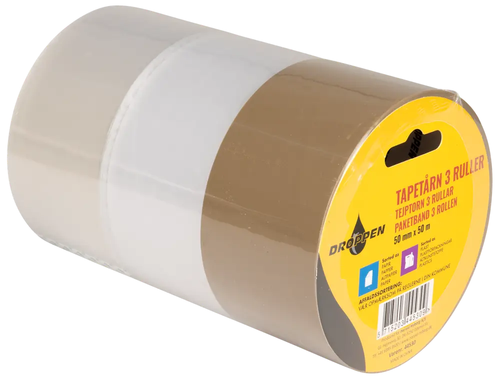 Förpackning med tre rullar packtejp, 50 mm x 50 m, i klara och bruna färger. Passar för att försluta kartonger. Märke: Droppen.