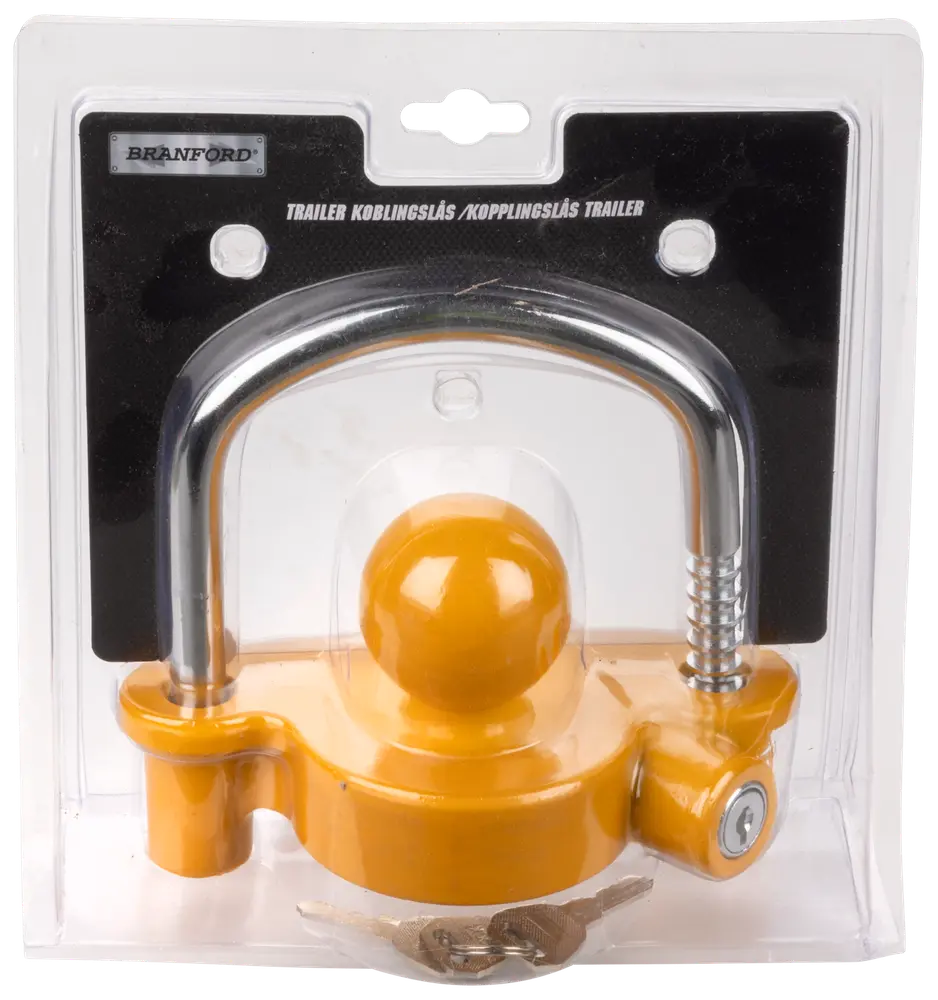 Gult kulkopplingslås med kromad U-båge, levereras med två nycklar. Förpackad i klar plast, skyddar släpvagnens koppling mot stöld.