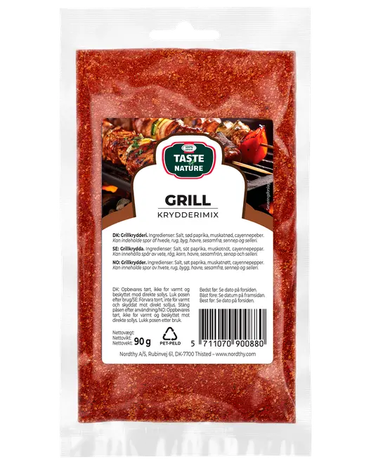 Taste of Nature Grill Kryddmix, 90g. Röd kryddblandning i återförslutningsbar genomskinlig påse, passar till grillning. Innehåller paprika, senap, cayennepeppar, salt och andra kryddor.