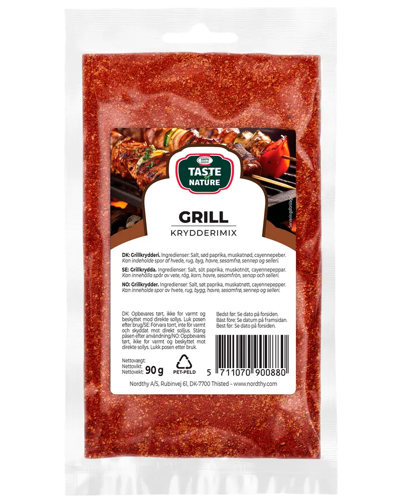 Taste of Nature Grill Kryddmix, 90g. Röd kryddblandning i återförslutningsbar genomskinlig påse, passar till grillning. Innehåller paprika, senap, cayennepeppar, salt och andra kryddor.