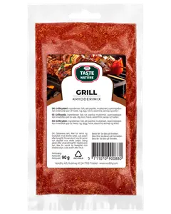 Taste of Nature Grill Kryddmix, 90g. Röd kryddblandning i återförslutningsbar genomskinlig påse, passar till grillning. Innehåller paprika, senap, cayennepeppar, salt och andra kryddor.
