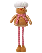 Mjuk pepparkaksdocka med kockmössa, rödvitrandig halsduk, två knappar och långa rödvitrandiga ben. Har leende ansikte, röda kinder och ett litet rött hjärta.