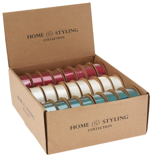 Set med tolv rullar band i rött, vitt och turkost, snyggt ordnade i en brun Home Styling Collection kartong.