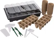 Såstartsæt med plastikbakke, gennemsigtigt låg, biologisk nedbrydelige potter, såbakker, planteetiketter og haveredskaber. Perfekt til forspiring og organisering af små planter indendørs.