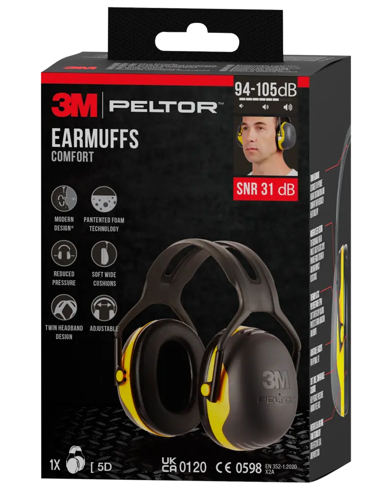 3M Peltor høreværn med sort og gul design, polstret justerbar hovedbøjle, bløde brede puder og patenteret skumteknologi. Dæmper støj med 31 dB for komfort og beskyttelse.