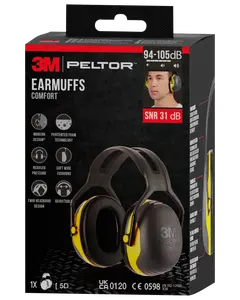 3M Peltor høreværn med sort og gul design, polstret justerbar hovedbøjle, bløde brede puder og patenteret skumteknologi. Dæmper støj med 31 dB for komfort og beskyttelse.