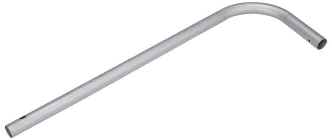 Metalkanalrør med 90-graders bøjning, sølvfarvet, hul indvendig, beregnet til beskyttelse og føring af elektriske ledninger. Holdbart og korrosionsbestandigt materiale.