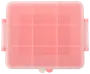 Firkantet lyserød plastikopbevaringsboks med gennemsigtigt låg, ni indvendige rum og sikre sidelåse til organisering af småting som smykker, perler eller hobbyartikler.