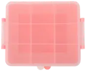 Fyrkantig rosa plastförvaringslåda med genomskinligt lock, nio inre fack och säkra sidolås för organisering av småsaker som smycken, pärlor eller pysselmaterial.