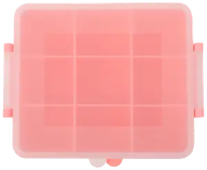Fyrkantig rosa plastförvaringslåda med genomskinligt lock, nio inre fack och säkra sidolås för organisering av småsaker som smycken, pärlor eller pysselmaterial.