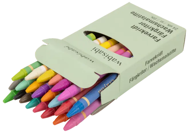 Æske med 12 farverige voksfarver, spidse ender, assorterede farver, i en lysegrøn papæske med tekst på flere sprog. Velegnet til tegning og farvelægning.