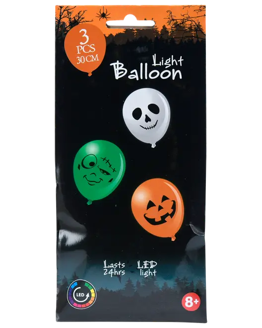 Sæt med tre 30 cm LED Halloween-balloner med kranie-, Frankenstein- og græskaransigter. Holder i 24 timer. Velegnet til børn fra 8 år.
