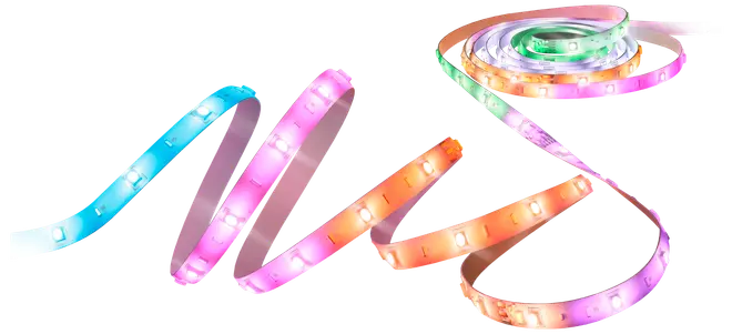Fleksibel LED-lysbånd med flere farvezoner, viser blå, pink, orange og grøn. Har selvklæbende bagside til nem montering, ideel til dekorativ indendørs belysning.