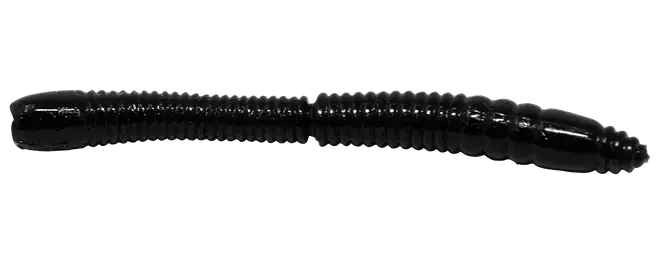 Sort ribbet blødt plastikorm-agn med spids hale og glat afrundet hoved til fiskeri.
