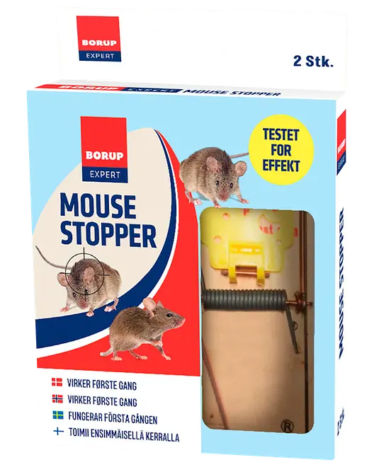 Borup Expert Mouse Stopper, pakke med 2. Klassiske fjederbelastede musefælder, synlige gennem emballagen. Blå, rød og hvid æske med billeder af mus og effektivitetsmærkning.