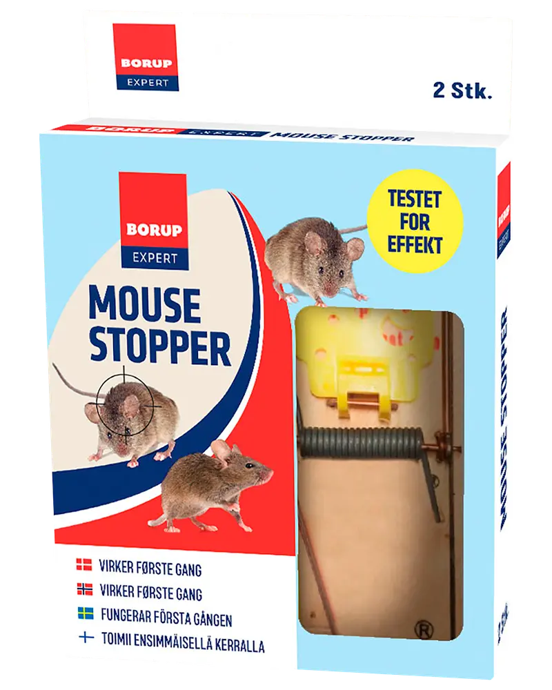 Borup Expert Mouse Stopper, pakke med 2. Klassiske fjederbelastede musefælder, synlige gennem emballagen. Blå, rød og hvid æske med billeder af mus og effektivitetsmærkning.