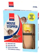 Borup Expert Mouse Stopper, 2-pack. Traditionella fjäderbelastade musfällor synliga genom förpackningen. Blå, röd och vit ask med bilder av möss och effektivitetsmärkning.
