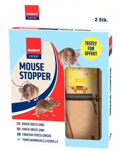 Borup Expert Mouse Stopper, pakke med 2. Klassiske fjederbelastede musefælder, synlige gennem emballagen. Blå, rød og hvid æske med billeder af mus og effektivitetsmærkning.