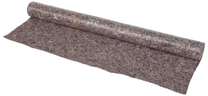 Rullet filtunderlag, grå med flerfarvede pletter, bruges til gulv eller lydisolering. Holdbart, fleksibelt materiale til beskyttelse af overflader ved byggeri eller renovering.