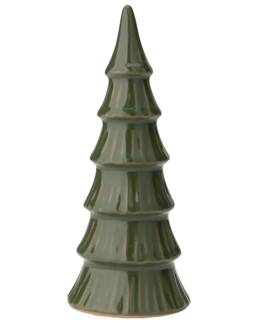 Blank grøn keramisk juletræsfigur med lagdelte grene og spids top.