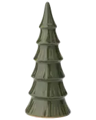 Blank grøn keramisk juletræsfigur med lagdelte grene og spids top.
