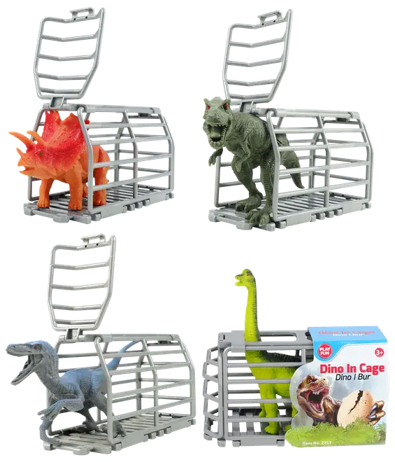 Sæt med fire plastik dinosaurlegetøj i sølvfarvede bure, med Triceratops, T-Rex, Velociraptor og Brachiosaurus. Inkluderer emballage med teksten 'Dino I Bur'. Fra 3 år.