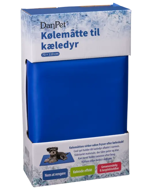 Blå kølemåtte til kæledyr, størrelse 70x110 cm. Slidstærk, nem at rengøre, foldbar, kølende effekt uden fryser. Langtidsholdbar og miljøvenlig, egnet til hunde og katte.