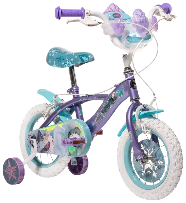 Barncykel med Frost-tema, lila ram, snöflingemönster, stödhjul, dekorerad sadel och korg. Bilder av Elsa och Anna. Passar små barn som lär sig cykla.