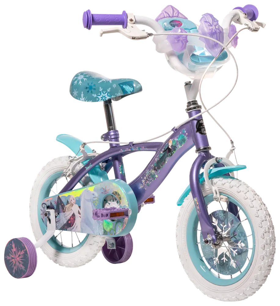 Barncykel med Frost-tema, lila ram, snöflingemönster, stödhjul, dekorerad sadel och korg. Bilder av Elsa och Anna. Passar små barn som lär sig cykla.