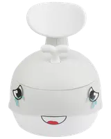 Vit potta formad som en val med leende ansikte, tecknade ögon med blå tårar och stjärtformad ryggstöd. Tillverkad i slät plast för småbarn.