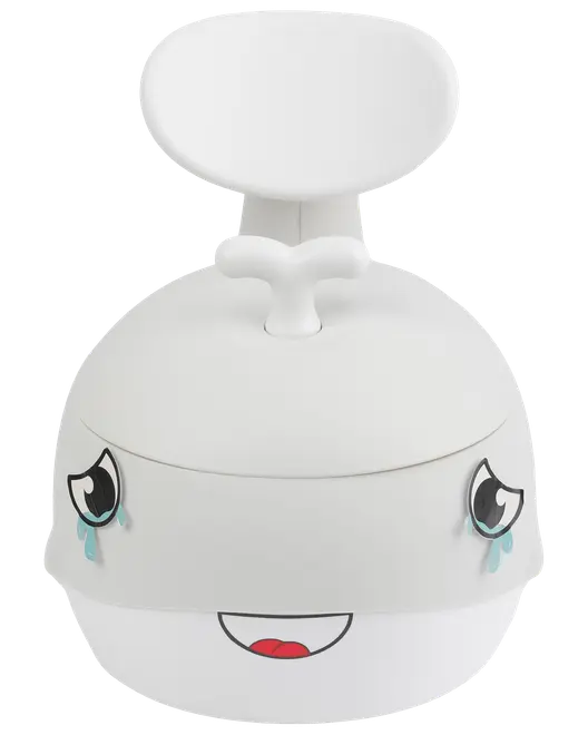 Vit potta formad som en val med leende ansikte, tecknade ögon med blå tårar och stjärtformad ryggstöd. Tillverkad i slät plast för småbarn.