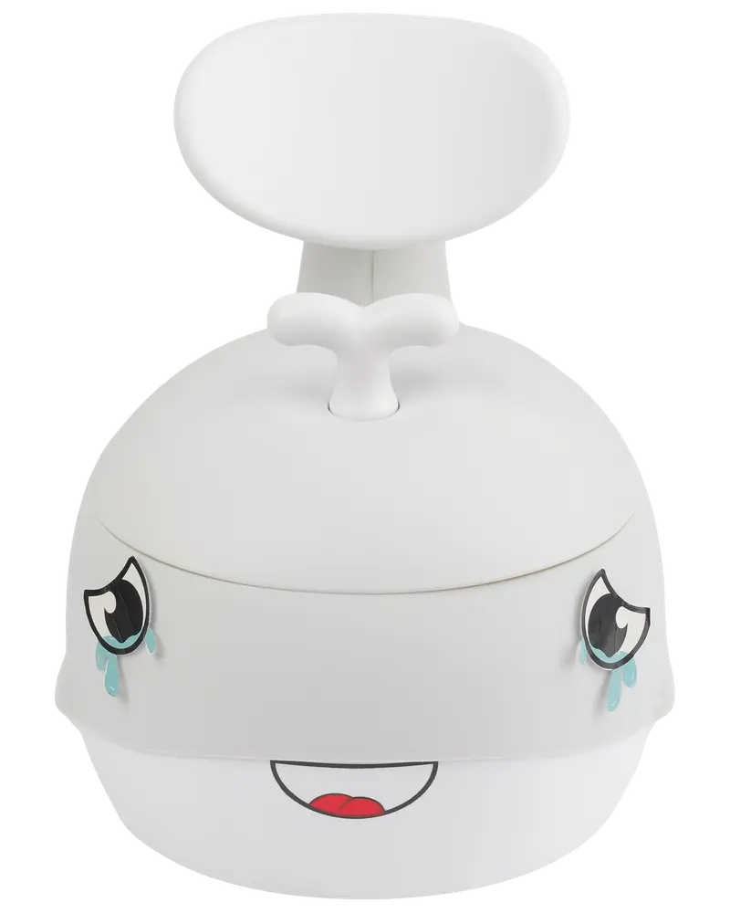 Vit potta formad som en val med leende ansikte, tecknade ögon med blå tårar och stjärtformad ryggstöd. Tillverkad i slät plast för småbarn.