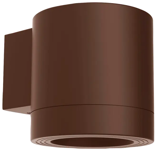 Moderne cylindrisk udendørs væglampe i brun finish, designet til nedadgående belysning. Elegant, minimalistisk design med solid monteringsbase, velegnet til udendørs brug.