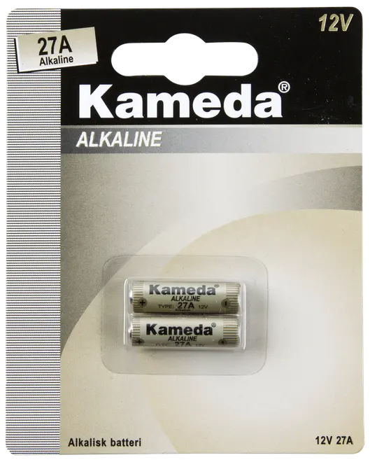 Förpackning med två Kameda 27A alkaliska batterier, 12V, cylindrisk form, silverfärgade. Passar små elektroniska enheter. Blisterförpackning med produktinformation på framsidan.