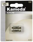 Förpackning med två Kameda 27A alkaliska batterier, 12V, cylindrisk form, silverfärgade. Passar små elektroniska enheter. Blisterförpackning med produktinformation på framsidan.