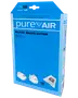 Förpackning med fyra PureAir dammsugarpåsar för Nilfisk Bravo/Action-modeller. Passar utvalda serier, visas på kartongen. Inkluderar ett filter. Blå förpackning med produktbilder.