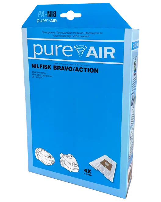 Förpackning med fyra PureAir dammsugarpåsar för Nilfisk Bravo/Action-modeller. Passar utvalda serier, visas på kartongen. Inkluderar ett filter. Blå förpackning med produktbilder.